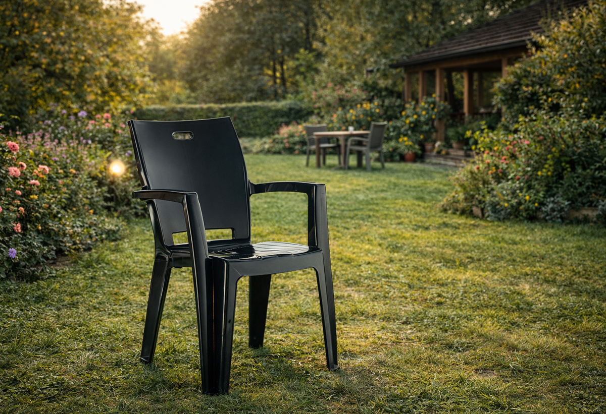 Απεικονίζεται μη πολυθρόνα σε κήπο.